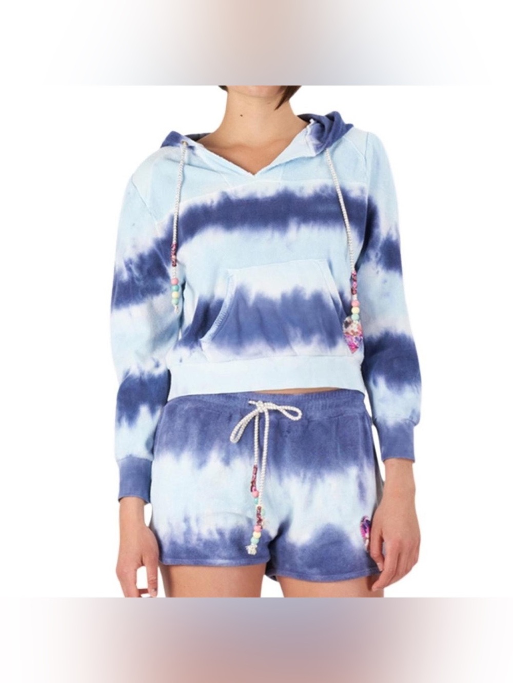 LoveShackFancy Kirby Hoodie Beaded Drawstring Tie Dye Blue Small